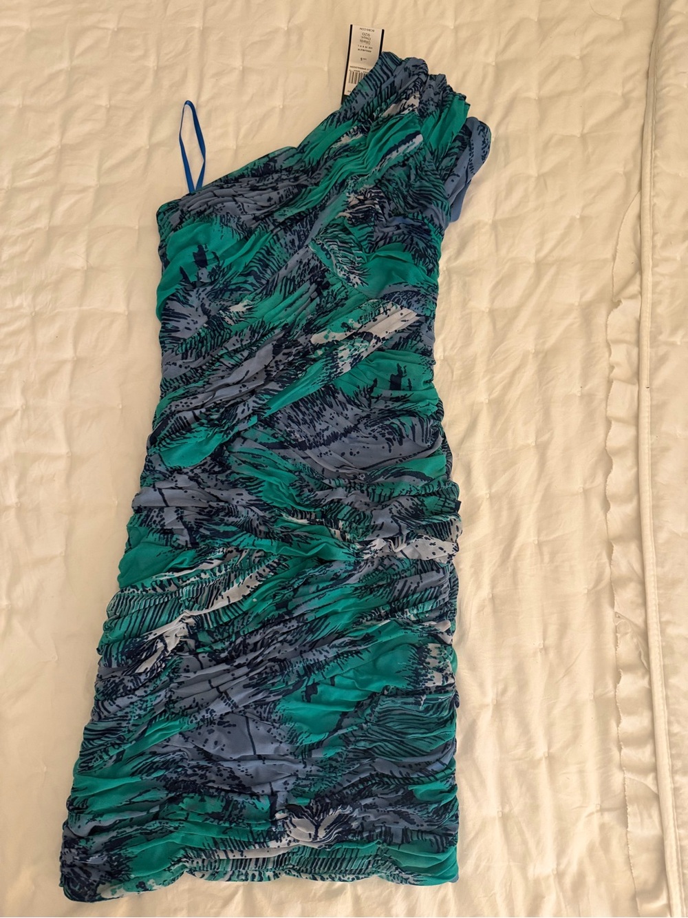 BCBG One-Shoulder Ruched Dress in Teal and Blue